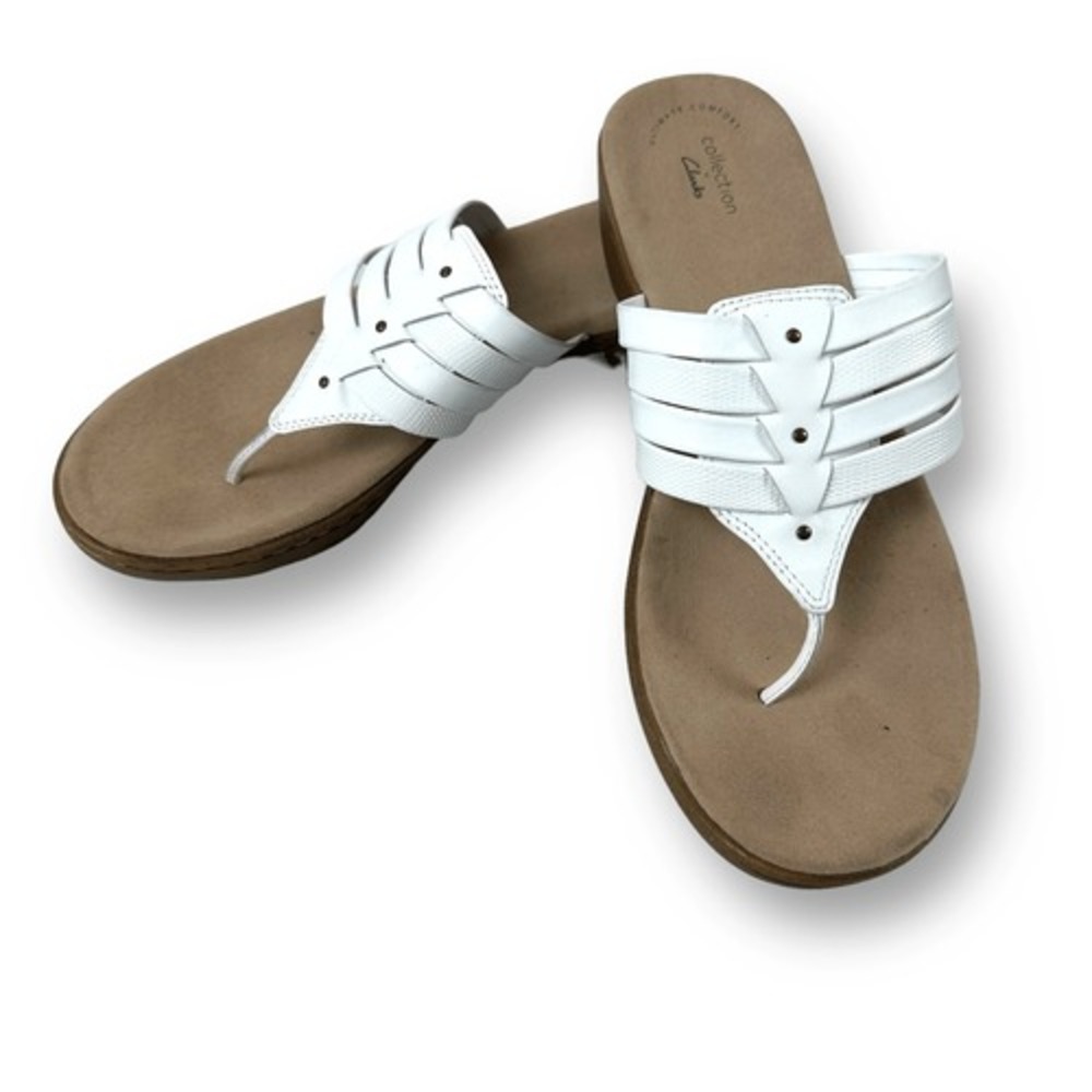 Clarks Women's 10 Strappy Leather Short Wedge Sandal White Coastal‎ Comfort Shoe